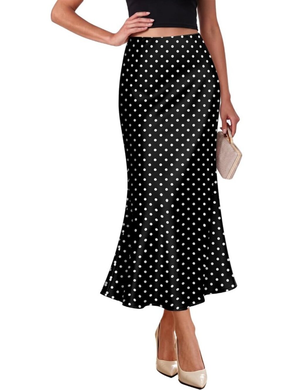 Women's Dot Black/White Elegant Satin High Waist Silk Bias Cut Slip Midi Skirt